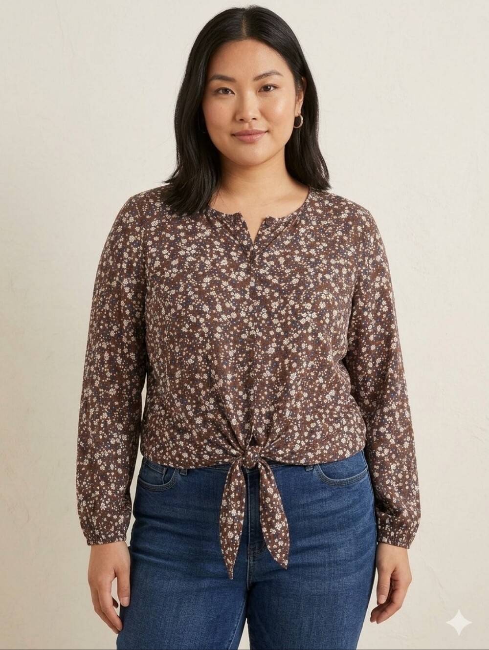 G by Giuliana Brown Floral Tie-Front Blouse 1X